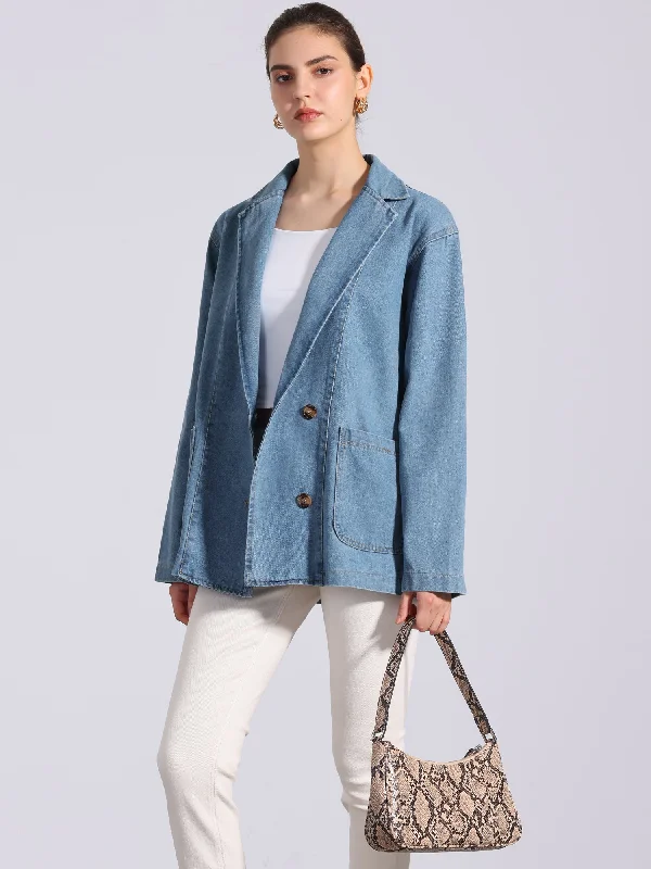 Long Sleeve Notched Lapel Oversize Pockets Denim Jean Jacket Front Pockets Side Pockets Patch Pockets