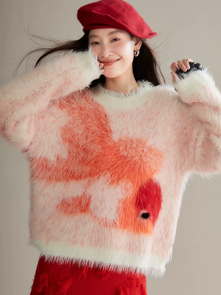 Red Koi Fish Fuzzy Sweater - Kawaii Fluffy Winter Pullover Spandex Blend Rayon Blend Denim Blend