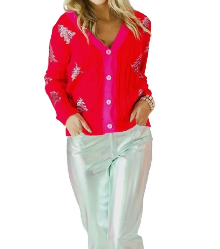 Sequin Tree Cardigan In Red Anti-Pilling Anti-Shrink Durable