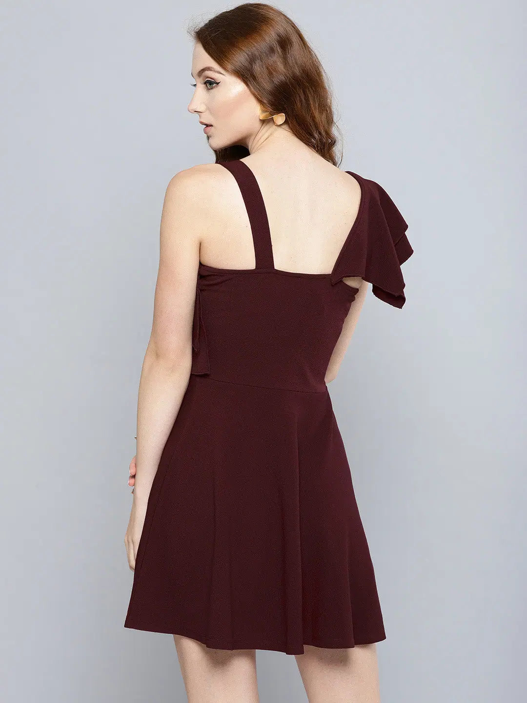 Maroon One Shoulder Frilled Skater Dress