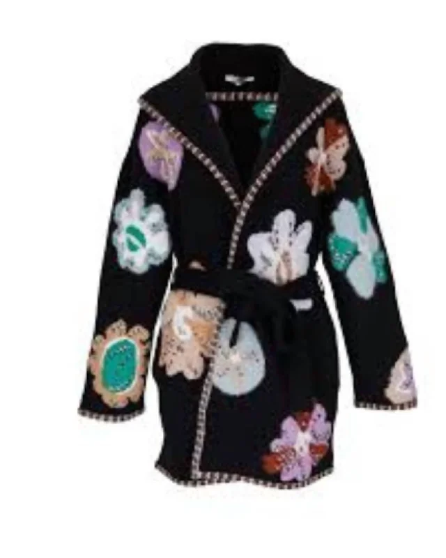 Multi Belted Cardigan In Black Multi Chenille Fabric Brocade Fabric Lace Fabric