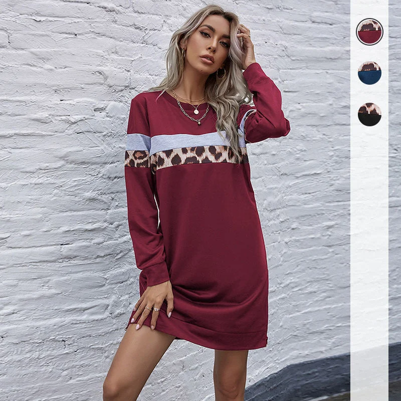 IKEARLAX Strictly selected  New women's clothing popular autumn and winter street splicing leopard print medium and long loose round neck pullover sweater Ribbed Striped Patterned