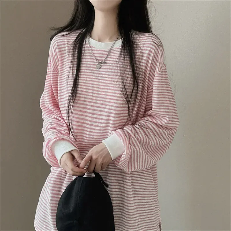 IKEARLAXManufacturer reversion Korean version crew neck striped sweater women's spring and autumn thin jacket trendy brand velvet Internet celebrity loose design sense Terry Blend Velvet Blend Canvas Blend