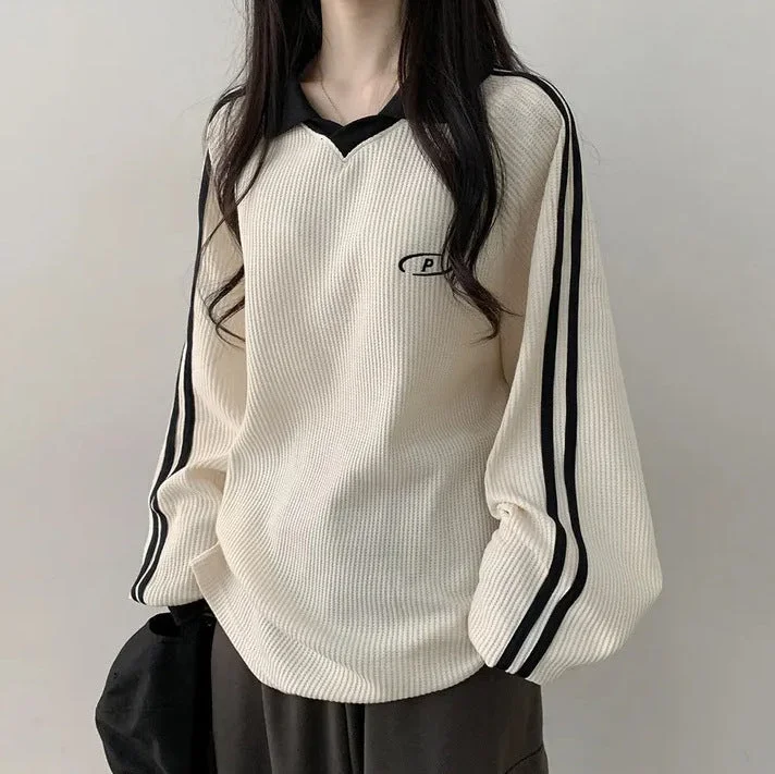 IKEARLAXManufacturer waffle Korean version polo collar retro splicing fleece sweater women's new spring and autumn winter trendy brand in popular Striped Floral Plaid