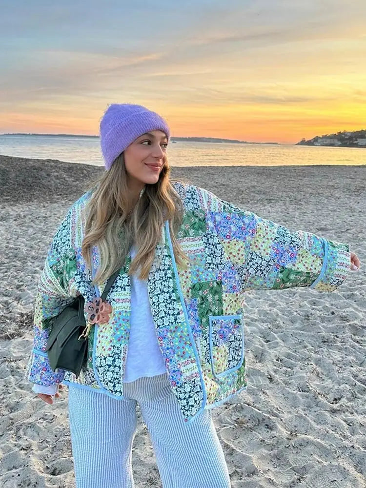 Advbridge Women Floral Print Patchwork Cotton Jacket With Pocket Scarf Collar Long Sleeve Cardigan Padded Coats Autumn Lady Street Outwear Beaded Cardigan Sequined Faux Fur
