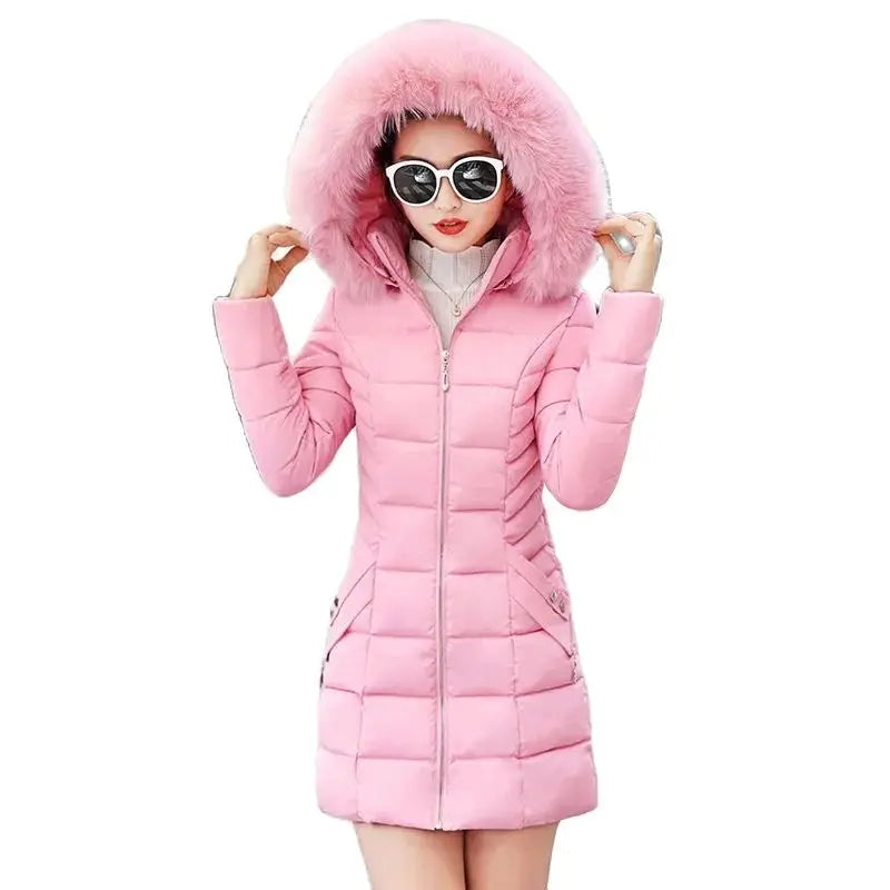 Winter Parkas Women Cotton-Padded Jacket Women's Fur Collar Cotton Liner Jacket Slim Long Thick Coat Hooded Female Mid-Length Padded Parka