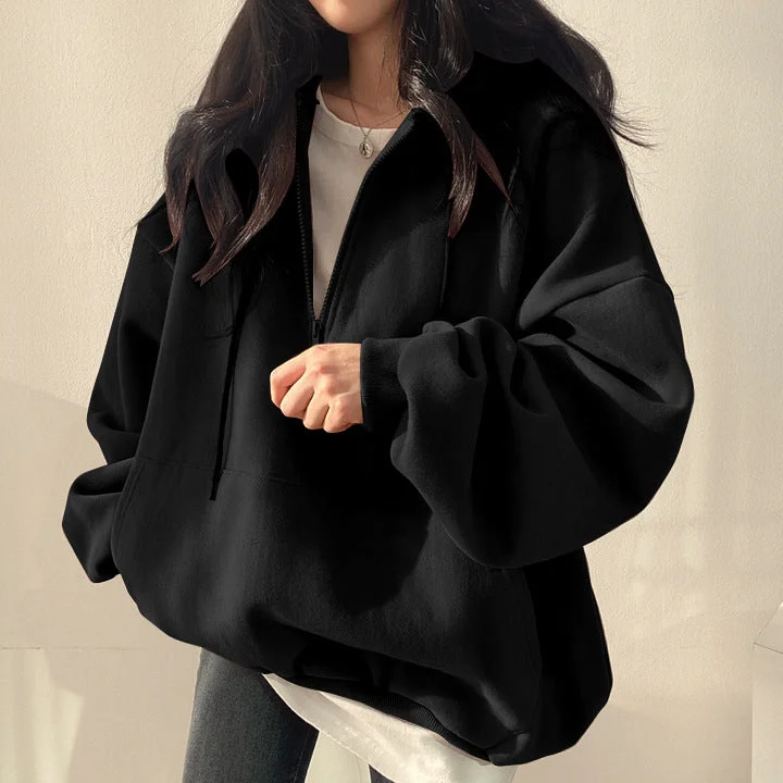 IKEARLAXTrendy pullover zipper hooded sweater female ins long Korean student loose spring, autumn and winter velvet Korean version thin Collared Crew Neck Turtle Neck
