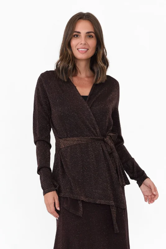 Domenica Brown Knit Tie Cardigan Denim Fabric Leather Fabric Suede Fabric