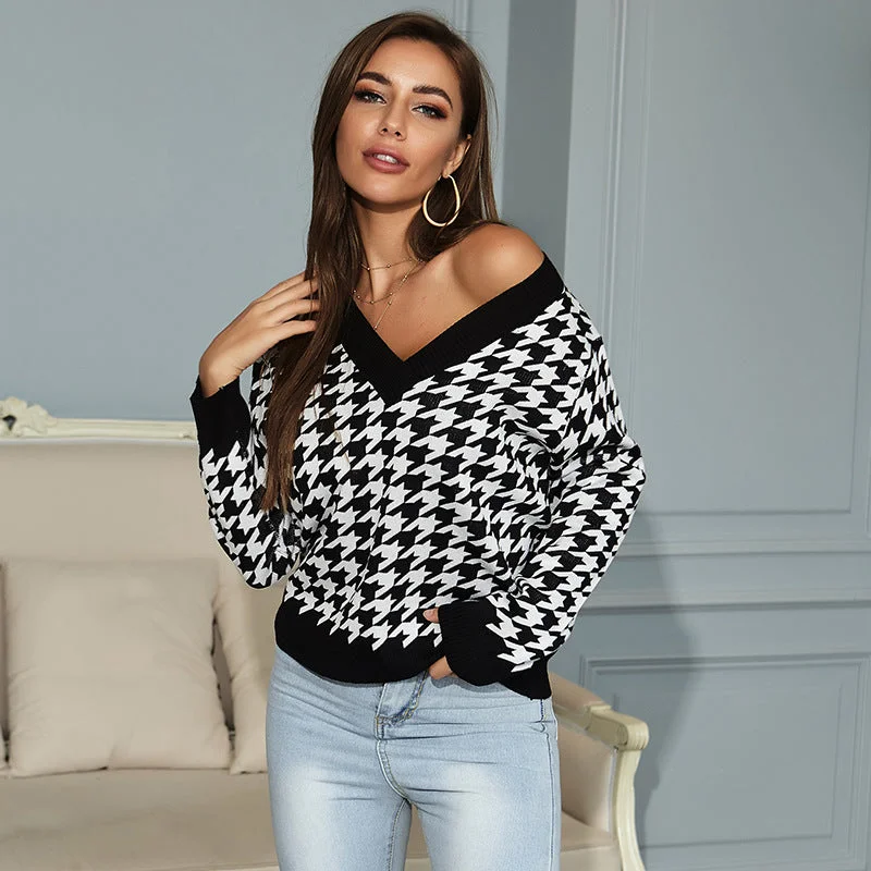 IKEARLAX Popular trade New 2025 long-sleeved thousand bird grid jacquard v-neck knitted sweater women's popular autumn jumper Collared Crew Neck Turtle Neck