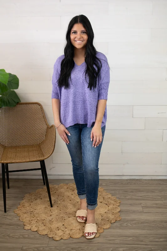 Lilac V Neck Oversized SS Sweater Chenille Brocade Lace