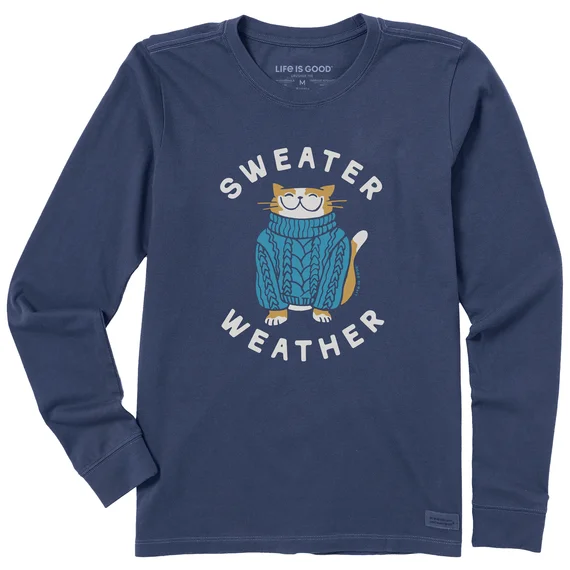Life is Good. Women's Sweater Weather Cat Long Sleeve Crusher Tee, Darkest Blue Transparent Opaque Sheer