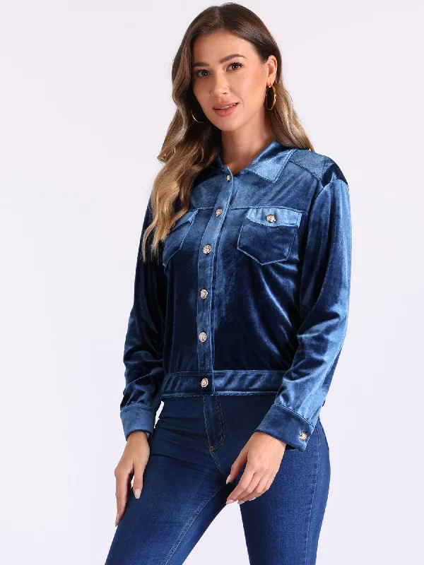 Velvet Button Up Long Sleeve Cropped Jacket Satin Fabric Silk Fabric Chiffon Fabric