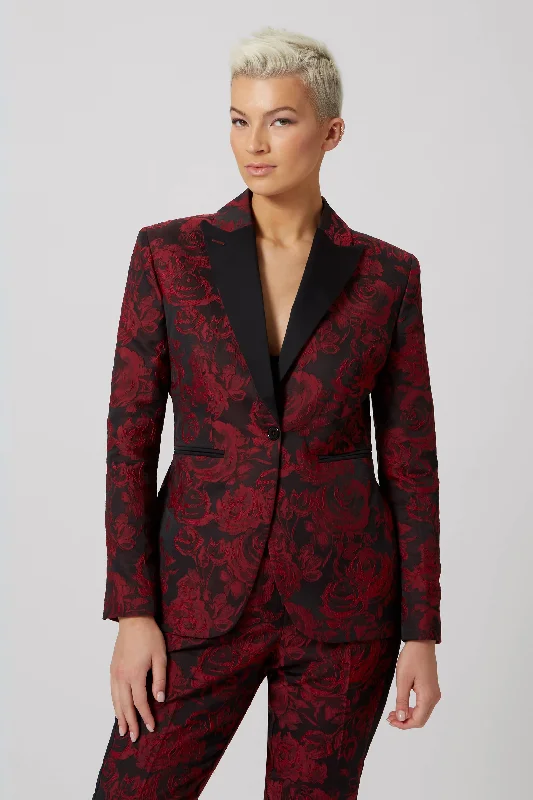 Ersilia Skinny Fit Red Floral Jacket Snapped Jacket Toggled Jacket Drawstring Jacket