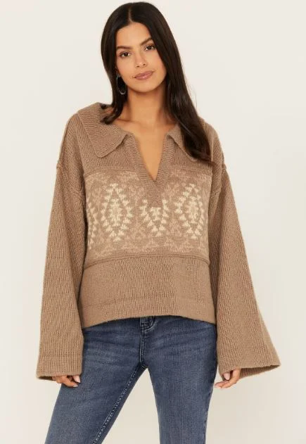 Women's Miss Me Aztec Knit Collar Moss Sweater Print Jacquard Patchwork