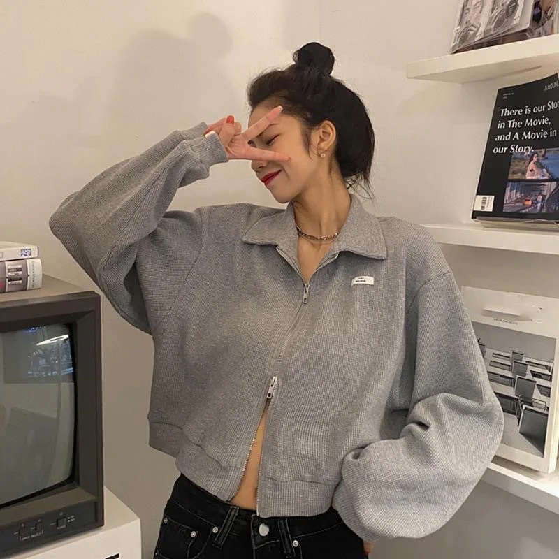 IKEARLAXManufacturer Korean version Small loose double elastic zipper cardigan jacket Large size on clothes Hooded thin sweater Women Sequined Glittery Shiny