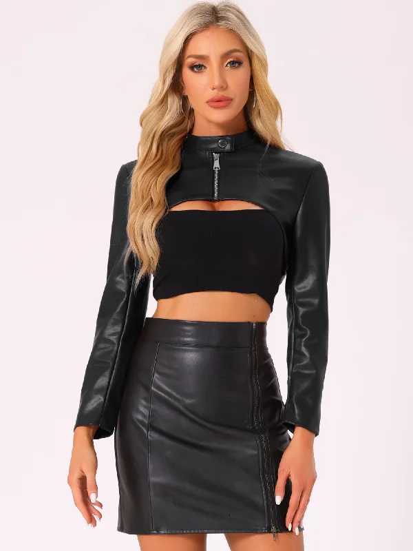 Faux Leather Stand Collar Moto Biker Cropped Jacket Shrugs Elasticated Jacket Padded Jacket Insulated Jacket