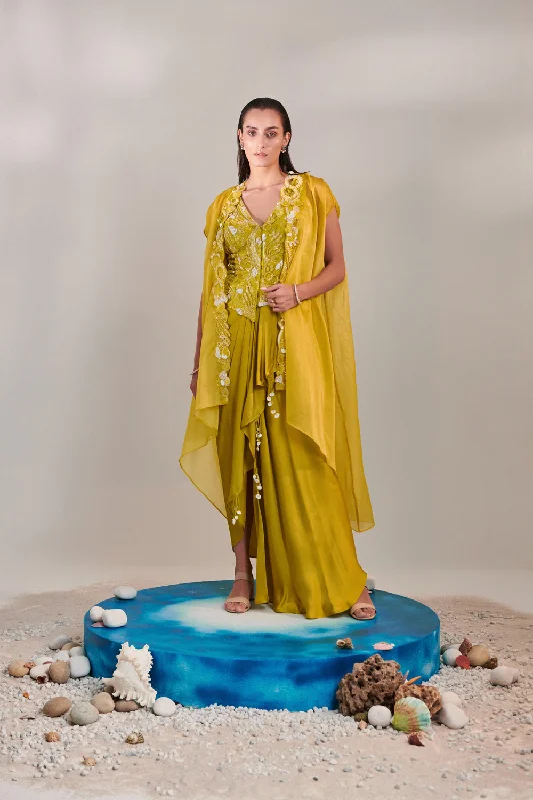Satin Organza Cape And Fitted Sleeveless Jacket And Drape Skirt Set; Hand Embroidered In Lime Yellow Shade. One-Shoulder Jacket Off-the-Shoulder Jacket Asymmetrical Jacket