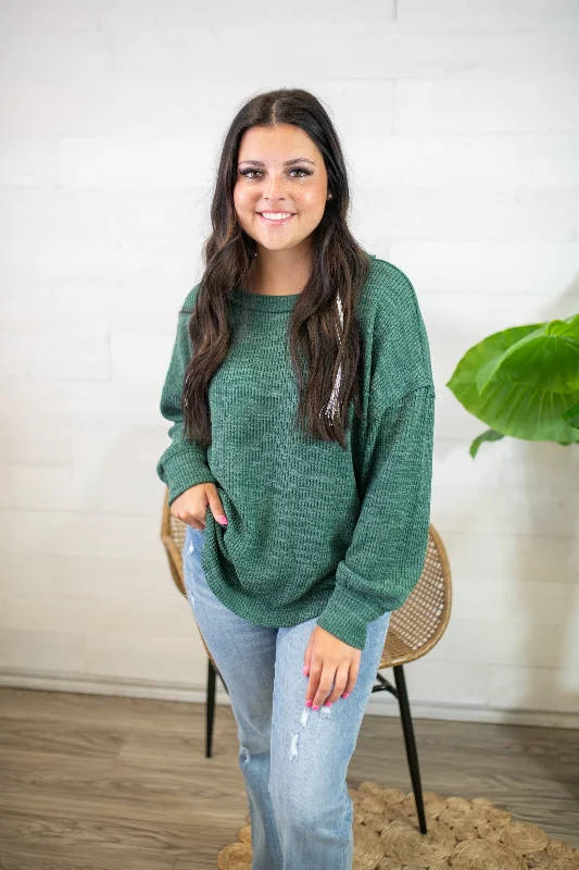 Long Sleeve Drop Shoulder Sweater Knit Top-Forest Green Cable Knit Ribbed Knit Lace Knit