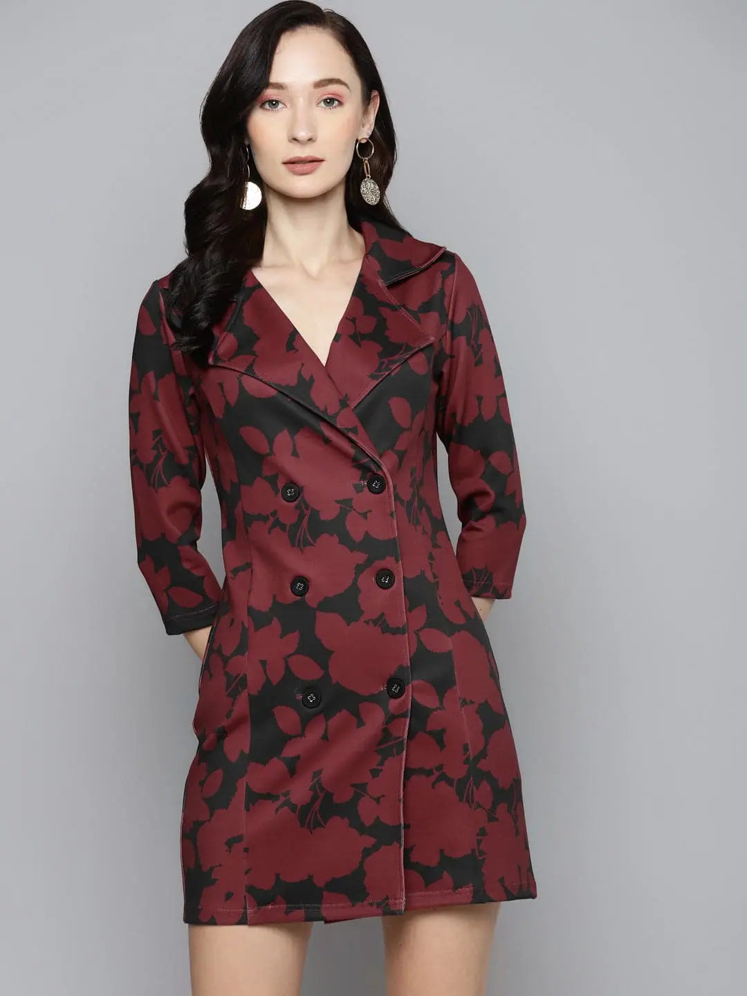 Red Floral Scuba Blazer Dress Women's Trendy Blazer