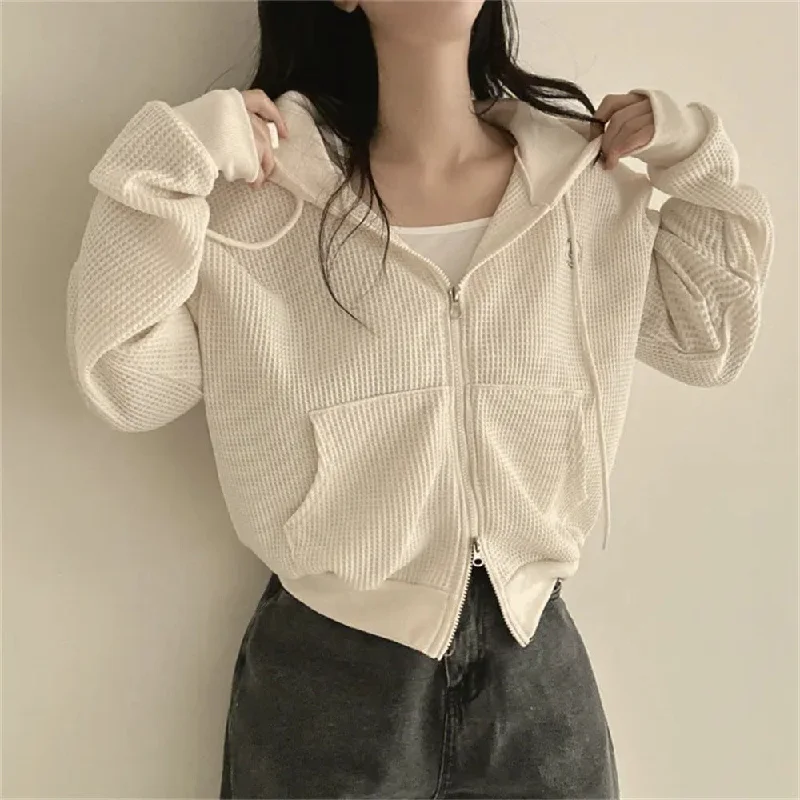 IKEARLAXManufacturer Korean version hooded thin waffle sweater women's spring and autumn small loose zipper cardigan jacket large size Solid Print Embellished