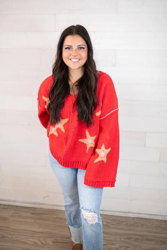POL V-Neck Red Apple Sweater Ribbed Striped Patterned