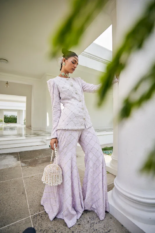 Lavender Embroidered Jacket With Flared Palazzo Notch Collar Jacket Peter Pan Collar Jacket Cowl Neck Jacket
