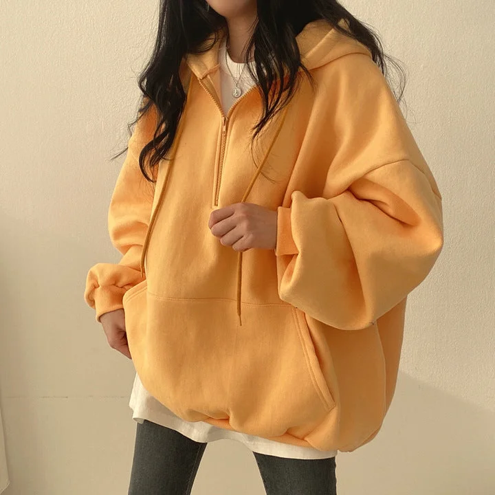 IKEARLAXZipper sweater women's  new women's clothing loose Korean thin spring autumn and winter thickened velvet large size wholesale Toggled Drawstring Belted