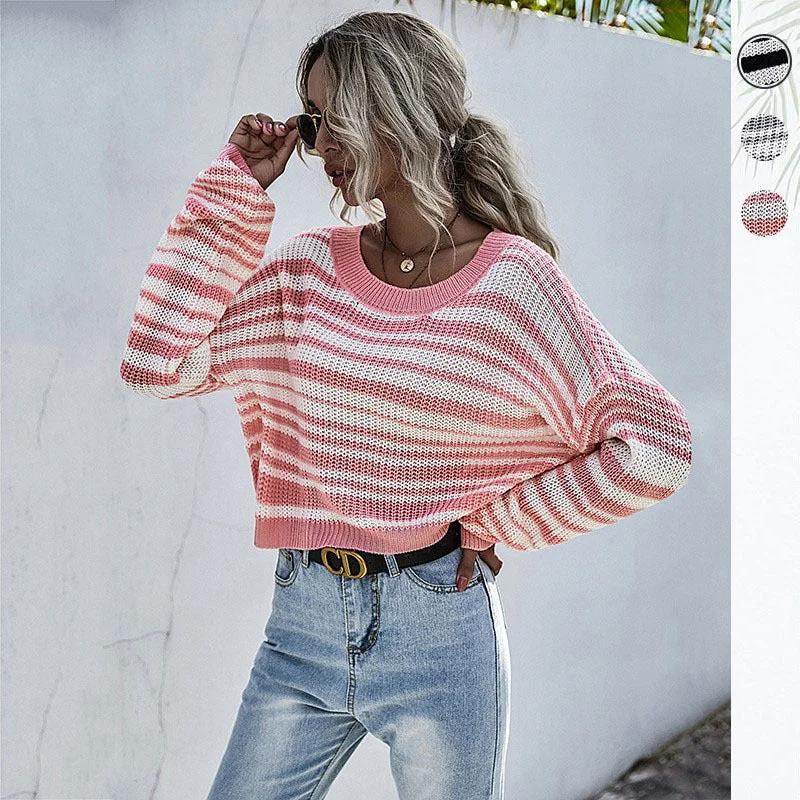 IKEARLAX popular popular autumn and winter hot sale crew neck knitted short striped contrasting sweater women's 2025 jumper women Mesh Blend Leather Blend Suede Blend