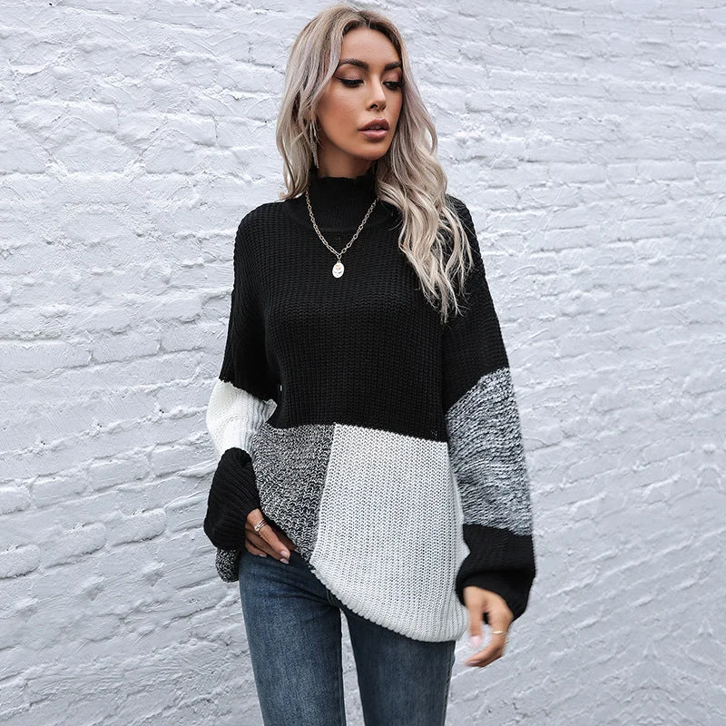 IKEARLAX popular new autumn and winter New splicing turtleneck pullover knitted sweater women's 2025 loose semi-turtleneck sweater Sequined Glittery Shiny