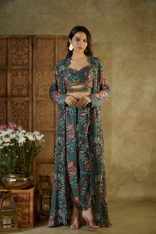 Green Printed Choli, Dhoti And Jacket Set With Embroidery Oversized Jacket Tailored Jacket Straight Jacket