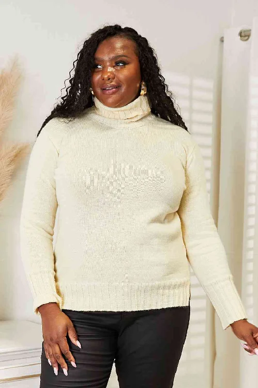 Heimish Full Size Long Sleeve Turtleneck Sweater with Side Slit Terry Terry Cloth Terry Knit