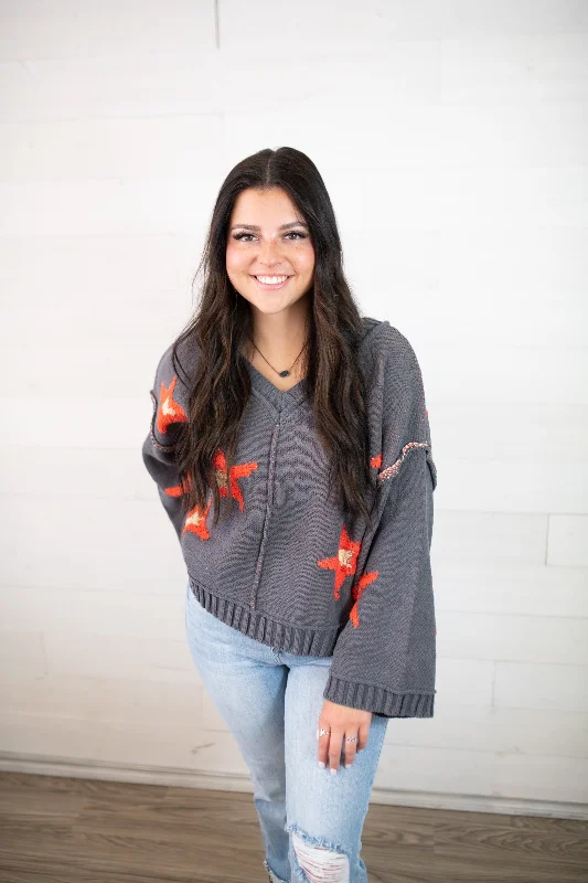 POL V-Neck Charcoal Star Sweater Sweater Knitwear Pullover