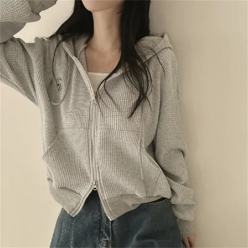 IKEARLAXManufacturer 4 colors, small loose zipper cardigan jacket on clothes Korean version hooded thin waffle sweater women Bright Pastel Dark