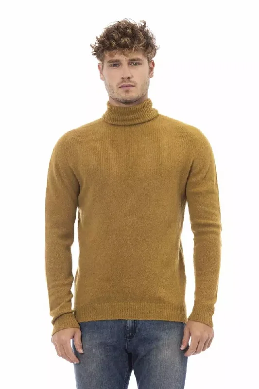 Brown Alpaca Men Sweater Turtle Neck Boat Neck Asymmetrical Neck