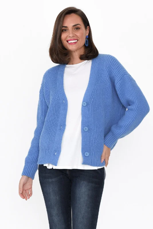 Shara Blue Knit Button Cardigan Terry Terry Cloth Terry Knit