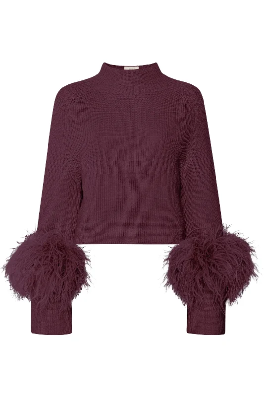 Merino Mock Neck Sweater With Feathers | Mulberry Zippered Front Buttoned Front Snap Front