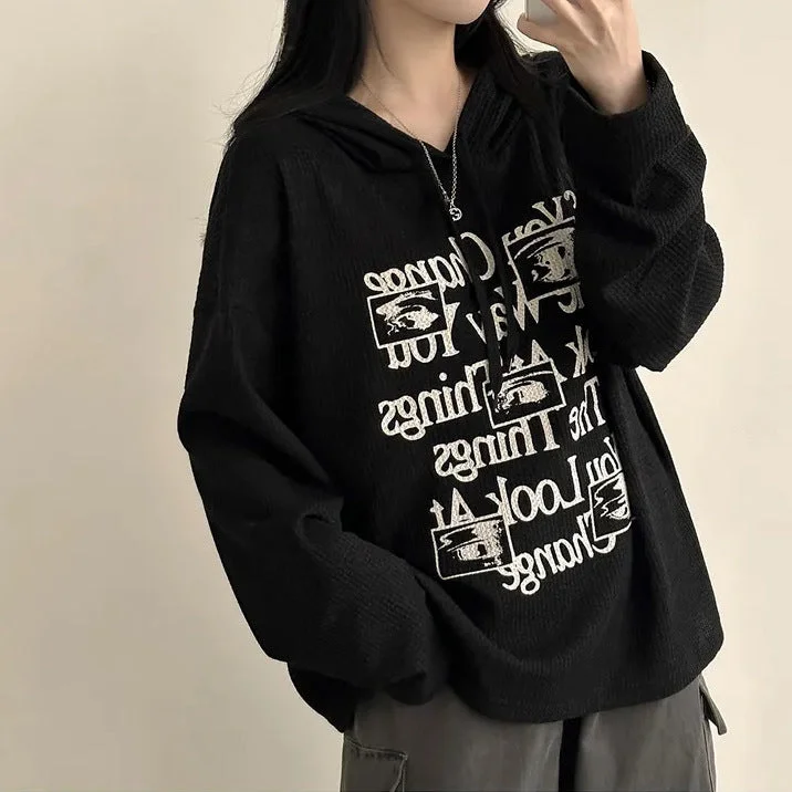 IKEARLAXManufacturer black waffle hooded autumn thin women's sweater large size fat mm Korean version ins velvet lazy wind outside Herringbone Houndstooth Plaid