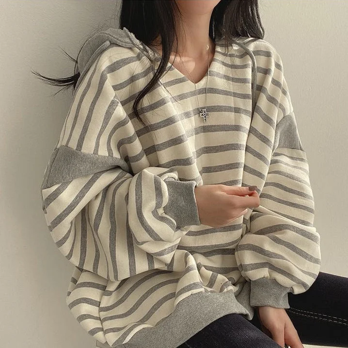 IKEARLAXManufacturer Korean version trendy cotton V-neck striped sweater women's hooded spring and autumn winter clothing casual round neck pullover thin velvet Satin Blend Silk Blend Wool Blend