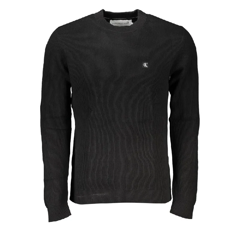 Sleek Black Crew Neck Sweater With Logo Knit Fabric Woven Fabric Fleece Fabric