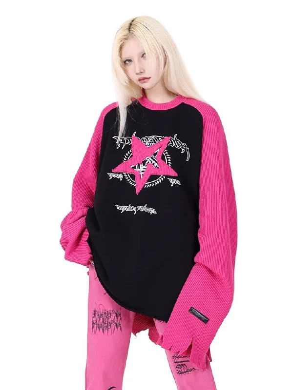 Pentagram Raglan Sleeve Stitching Sweater【s0000000366】 Zippered Buttoned Snapped