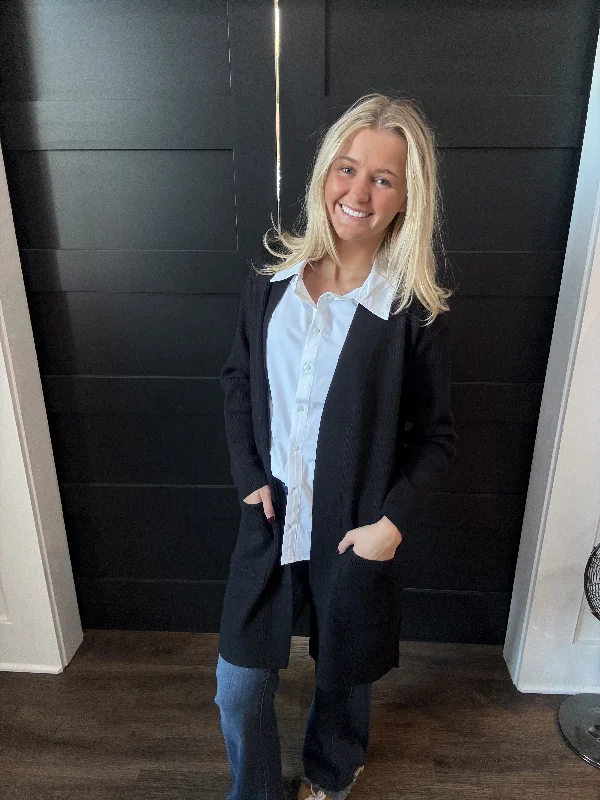 Open Front Cardigan Sweater Black Fitted Loose Oversized