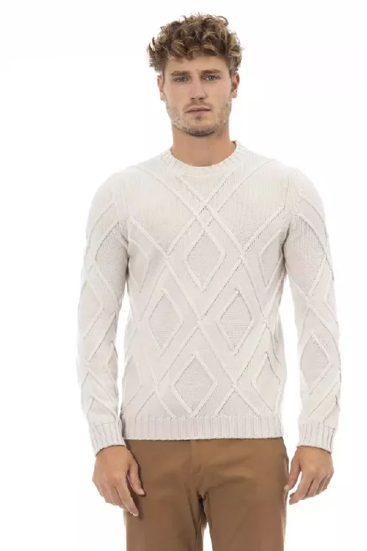 Beige Merino Men Sweater Cable Knit Ribbed Knit Lace Knit