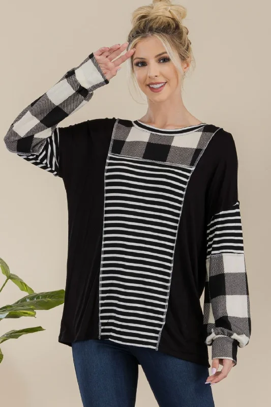 Celeste Color Block Exposed Seam T-Shirt Lace Blend Ribbed Blend Corduroy Blend
