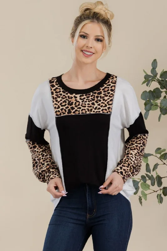 Celeste Leopard Color Block Exposed Seam T-Shirt Mesh Canvas Denim