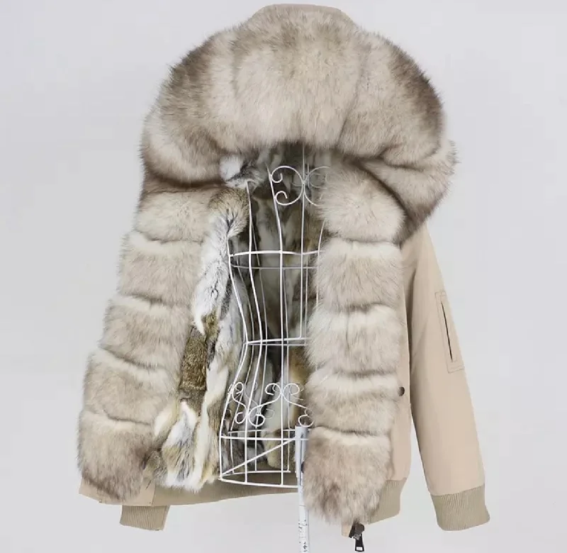 Women's Fox Fur Short Parka in Beige Warm Thick Hooded Parka