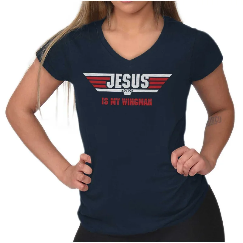 Jesus Is My Wingman Junior Fit V-Neck T Shirt Graphic Embroidered Appliqued