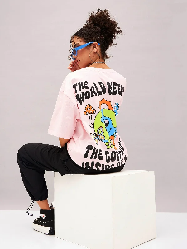 Lyush Women Pastel Pink The World Needs Oversized T-shirt Zippered Front Buttoned Front Snap Front
