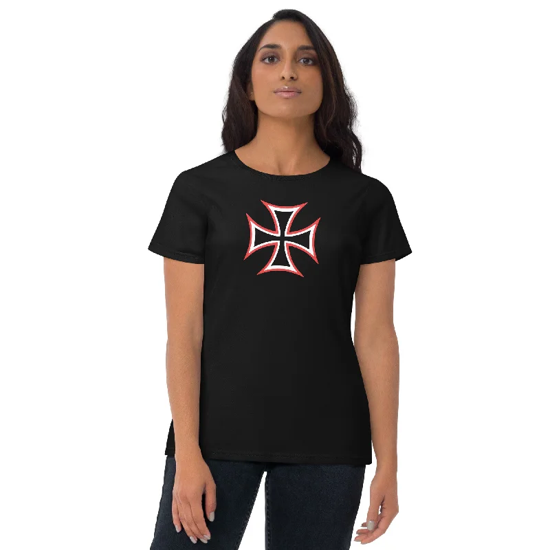 Red and White Occult Biker Cross Symbol Women's Short Sleeve Babydoll T-shirt Zippered Front Buttoned Front Snap Front