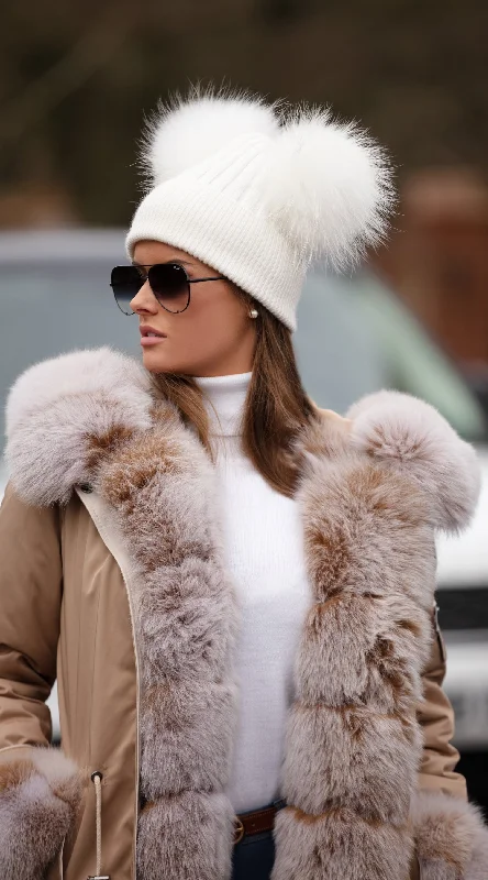 Siberia Weatherproof Caramel Tipped Cuffed Fox Fur Parka Trendy Oversized Long Parka