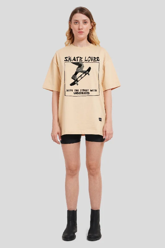 Skate Lover Beige Printed T-Shirt Notch Collar Peter Pan Collar Cowl Neck